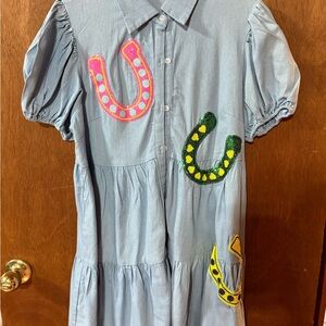 Blue Dress with Colorful Horseshoe Patches